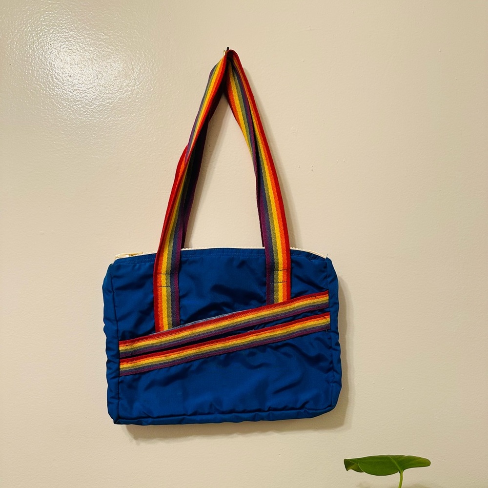 Vintage rainbow and blue tote bag